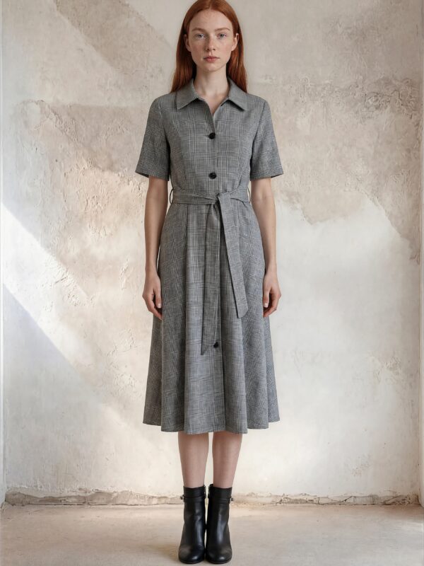 Alina Plaid Tie-Waist Midi Dress in Grey Plaid