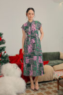 Althea Printed Midi Dress in Green Patchwork