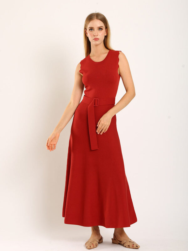 Clabelle Knit Belted Dress in Brick Red