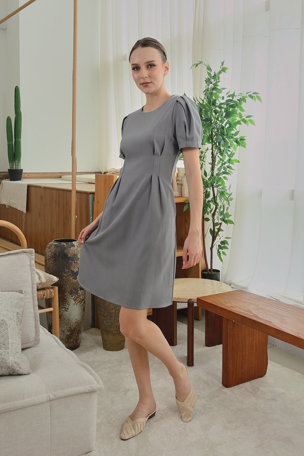 Aurelie Pleated Sleeve Dress in Gray - Image 4