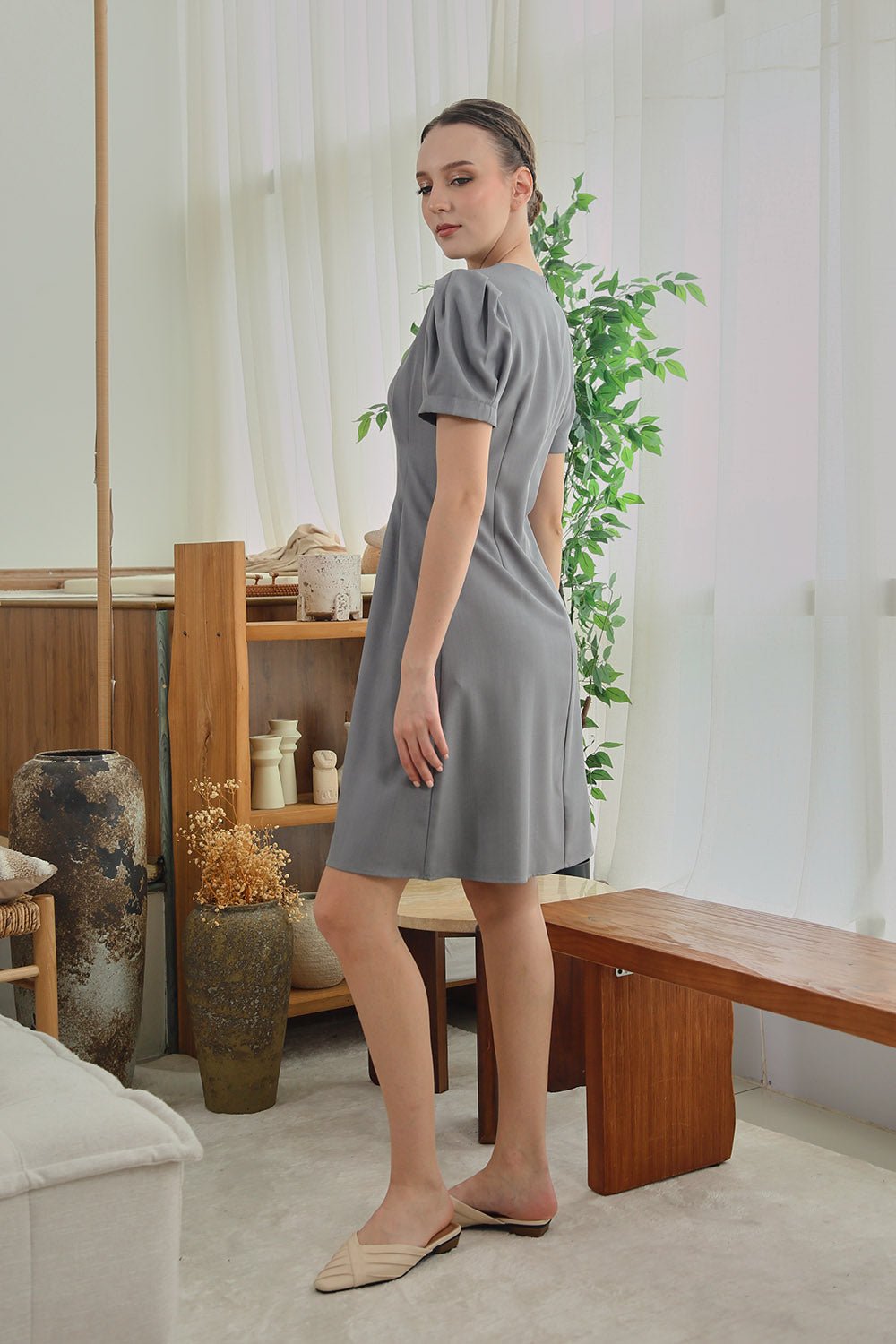 Aurelie Pleated Sleeve Dress in Gray - Image 5