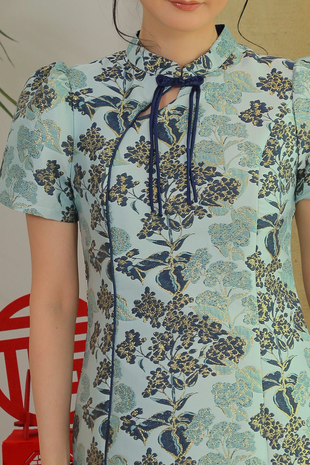 Clarette Jacquard Mandarin Dress in Midnight Teal - 画像 3
