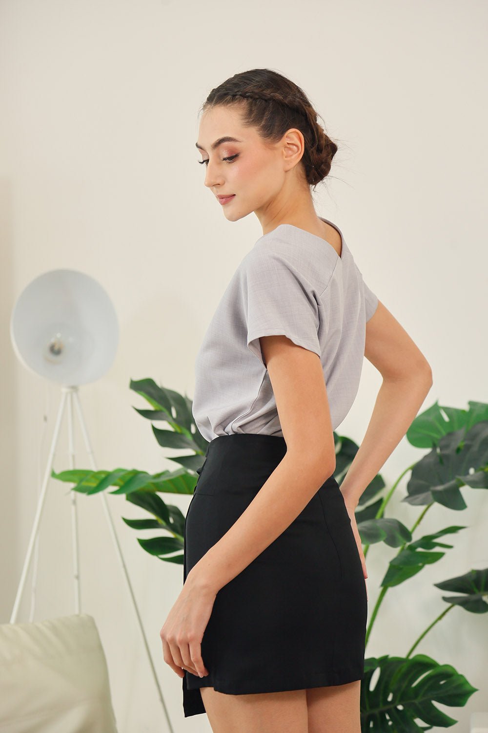 Danna V-Neck Relaxed Blouse in Grey Texture - Image 8