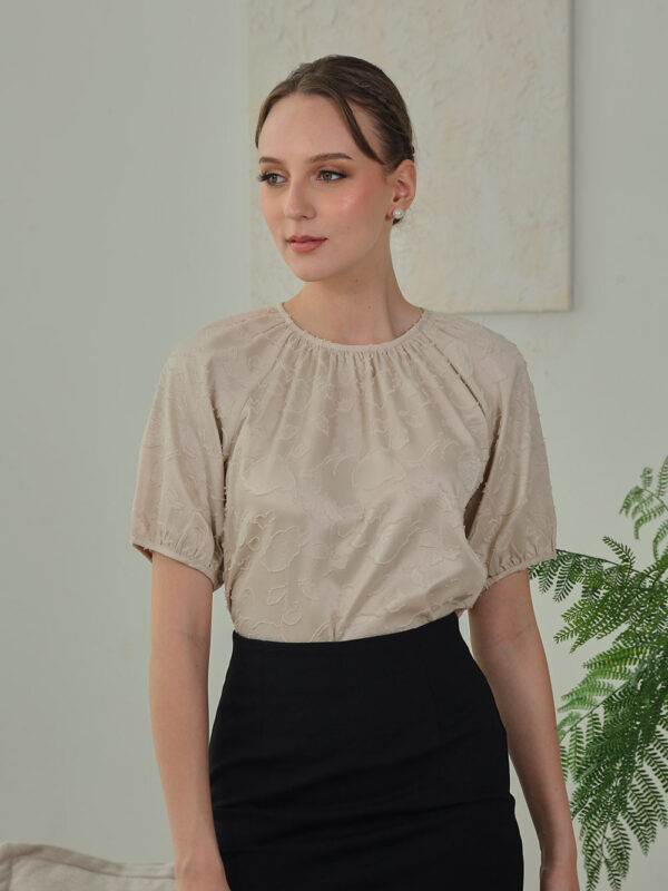 Melina Jacquard Puff Sleeve Top in Soft Sand
