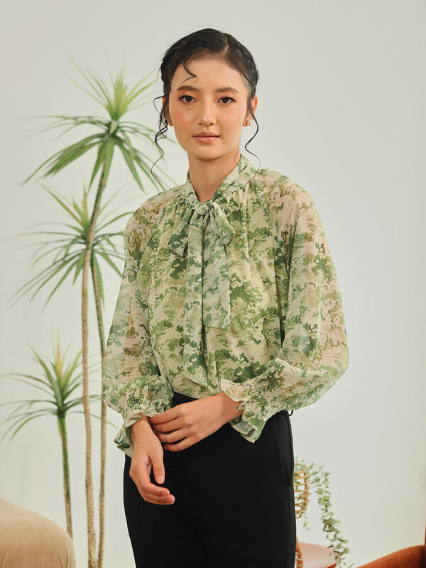Aureline Tie-Neck Blouse in Moss Green Floral