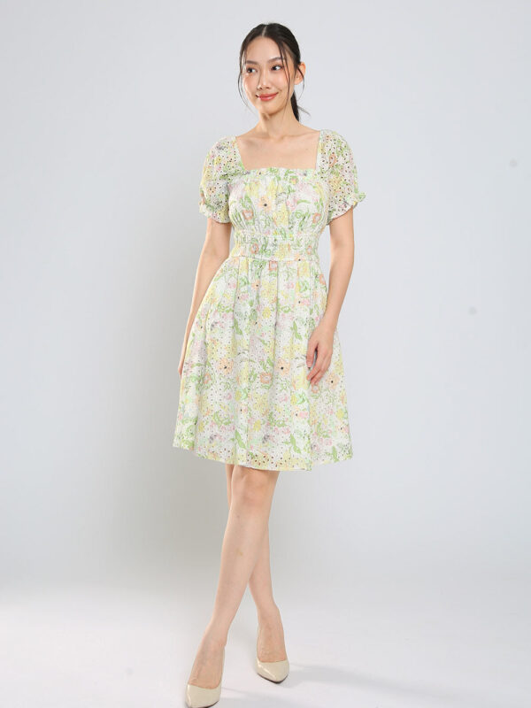 Jeon Midi Dress in Green Floral Eyelet