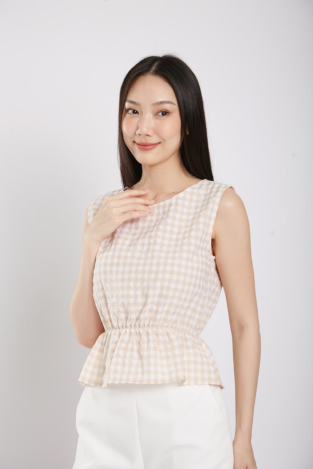 Sleeveless Gingham Cotton Top in Apricot - Image 8