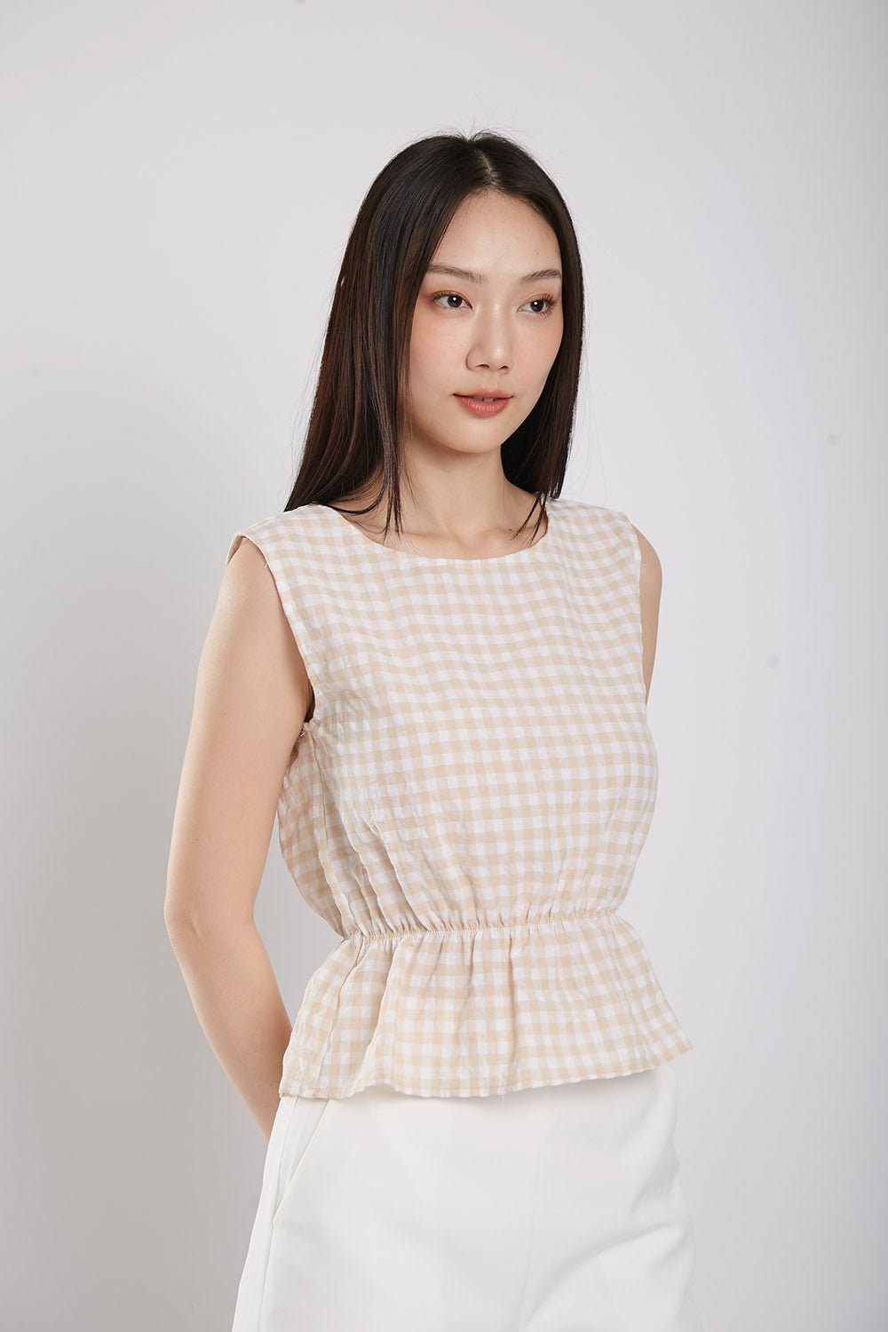 Sleeveless Gingham Cotton Top in Apricot - Image 9