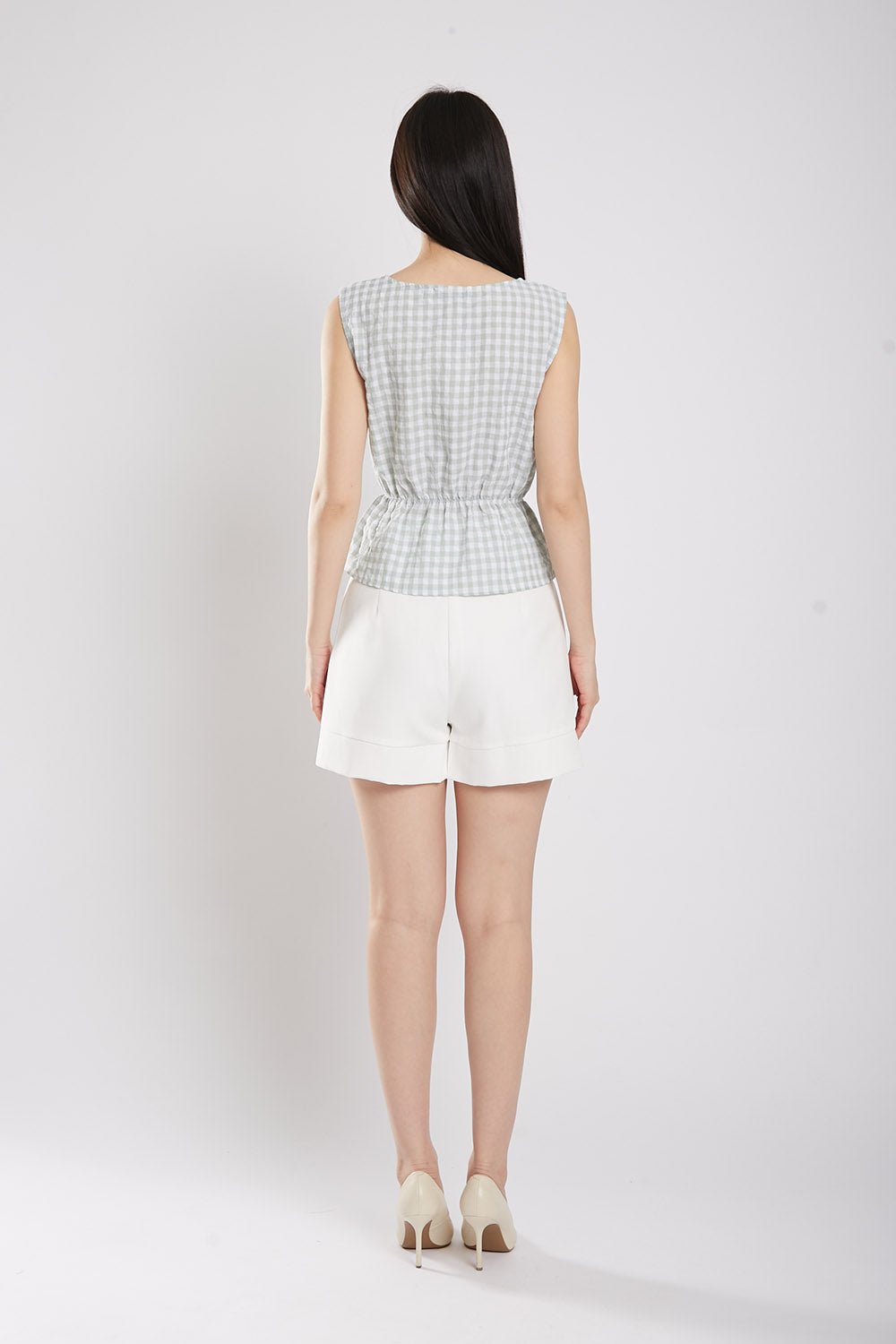 Sleeveless Gingham Cotton Top in Sage - Image 6