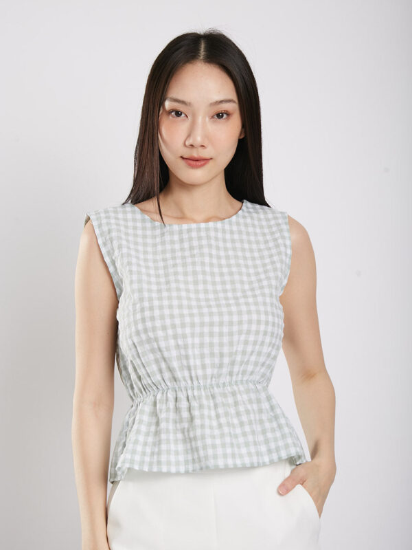 Sleeveless Gingham Cotton Top in Sage