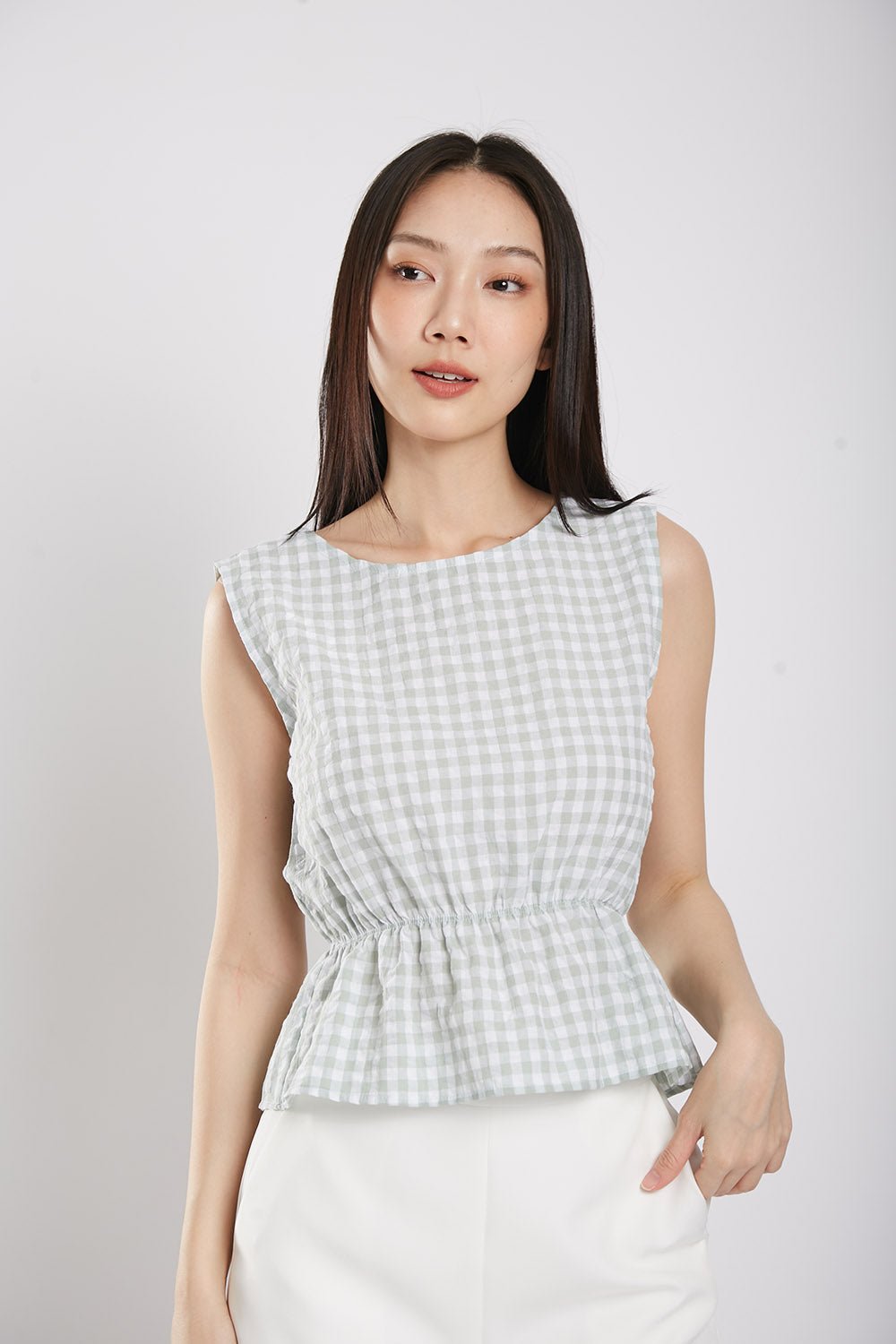 Sleeveless Gingham Cotton Top in Sage - Image 3