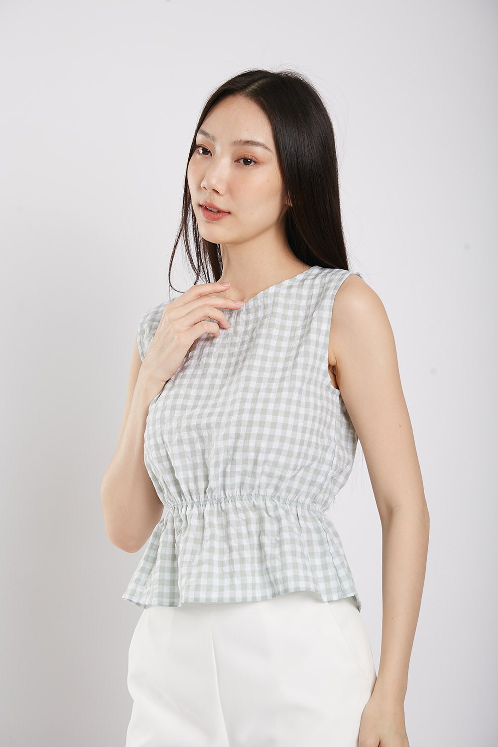 Sleeveless Gingham Cotton Top in Sage - Image 5