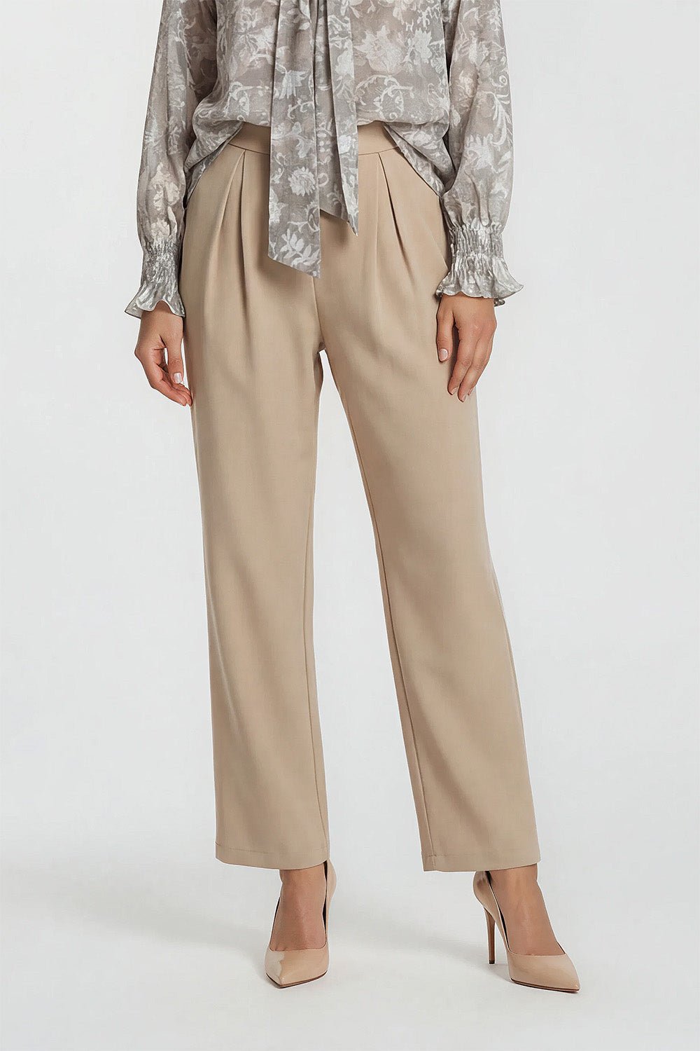 Valeria Pleated Straight Leg Pants in Beige