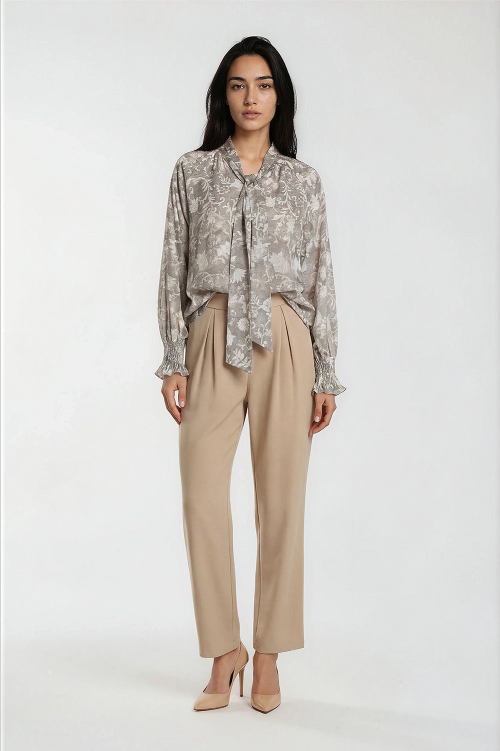 Valeria Pleated Straight Leg Pants in Beige - Imej 4